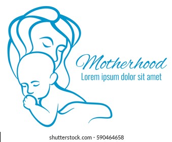 Mom and baby portrait, mothers care and love motherhood outline silhouettes vector concept