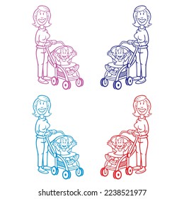 Mom And Baby In Pram On Walk Vector Illustration. Mother Walking With Kid In Stroller