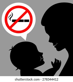 Mom And Baby  With A Prohibiting Smoking Sign For World No Tobacco Day 