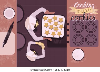 Mom and baby put cookies in oven for cooking. Mom and child cook together. Baking healthy food.
 Prepare festive cookie stars. Can be used for culinary master classes. Vector illustration. 