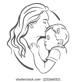 Mom and baby. Realistic silhouette. Sketch. Mother hugs child. The concept of love, motherhood, health, childbearing, happy childhood. 
Breast-feeding. Emblems and labels, for mascot or logo design