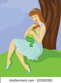 Mom and baby resting in a garden.