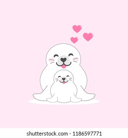 Mom and baby seals. Cartoon cute pole animal vector Illustration.