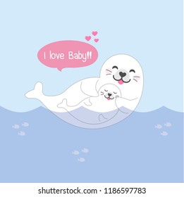 Mom and baby seals. Cartoon cute pole animal vector Illustration.