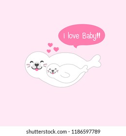 Mom and baby seals. Cartoon cute pole animal vector Illustration.