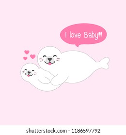 Mom and baby seals. Cartoon cute pole animal vector Illustration.