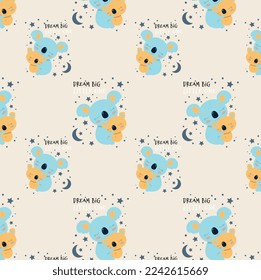Mom with baby seamless pattern. Repeating design element for printing on wrapping paper. Koala with child, dream lot, love and tenderness. Tropical and exotic animals. Cartoon flat vector illustration