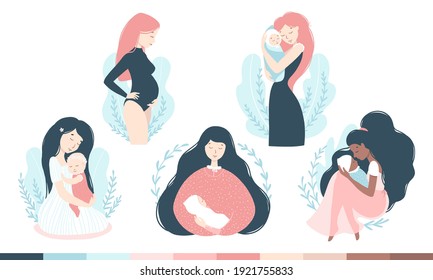 Mom and baby set. Women in various poses with babies, pregnancy. Cute heartwarming characters in cartoon hand-drawn style. Delicate pastel pink-blue palette. Vector isolated on white background