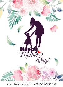 Mom and baby silhouette with flowers. Happy Mothers Day Greeting Card. Not AI. Vector illustration.