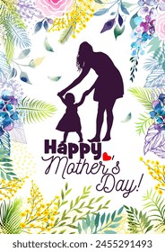 Mom and baby silhouette with flowers. Happy Mothers Day Greeting Card. Not AI. Vector illustration.