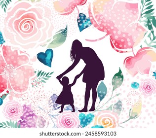 Mom and baby silhouette with flowers. Happy Mothers Day Greeting Card. Not AI. Vector illustration.