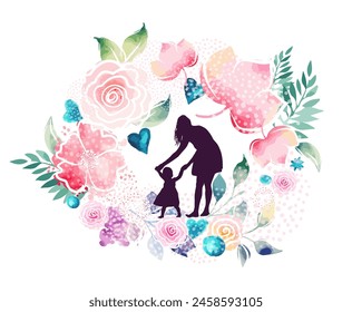 Silueta de mamá y bebé con flores. Tarjeta de felicitación del Día de la Madre. No la IA. Ilustración vectorial.