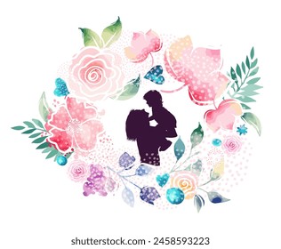 Mom and baby silhouette with flowers. Happy Mothers Day Greeting Card. Not AI. Vector illustration.