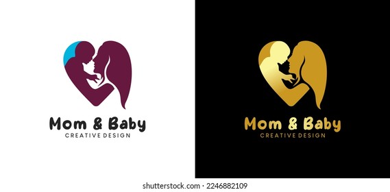 Mom and baby silhouette vector illustration logo design