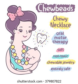 Mom and baby. Silicone teething jewelry for babies. Chewing beads. Baby care illustration.