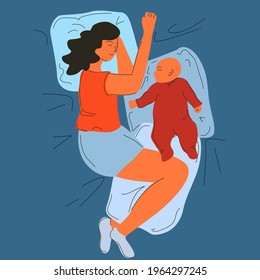Mom and baby sleep on the bed together. Illustration about motherhood and care.