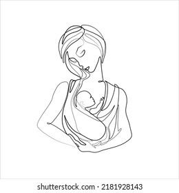 Mom and baby in a sling, continuous line drawing, print for clothes and logo design, small tattoo, emblem or logo design, isolated vector illustration.