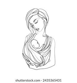 Mom and baby in a sling, continuous line drawing, print for clothes and logo design, small tattoo, emblem or logo design, isolated vector illustration.