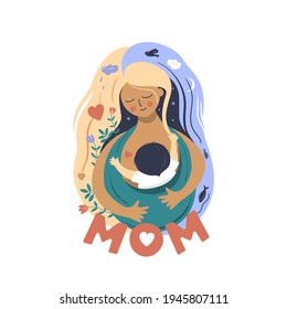 Mom and baby in a sling. Stylization of the concept: Mom is the whole world. Vector, isolated, on a white background.