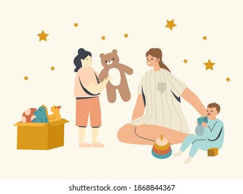 Mom with Baby Son and Daughter Spare Time. Nurse or Mother Female Character Playing with Little Kids. Children Play with Toys in Kindergarten or Home, Family Game. Linear People Vector Illustration