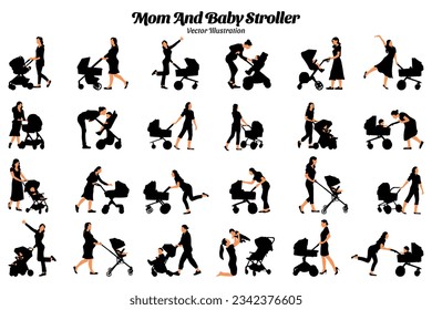 Mom and baby stroller vector illustration set