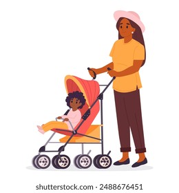 Mom with baby in stroller. Young mother walking with baby toddler in carriage, family outdoor recreation flat vector illustration. Cartoon parenting scene