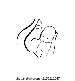 Mom and baby stylized vector symbol, outlined sketch. Happy mother's day 