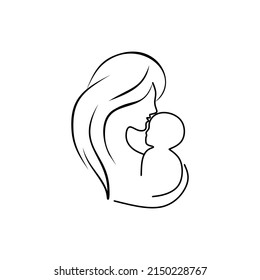 mom and baby stylized vector symbol, outline sketch