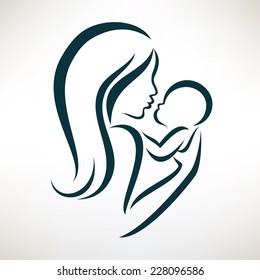 mom and baby stylized vector symbol, outlined sketch