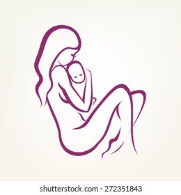 mom and baby stylized vector symbol, outlined sketch