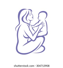 mom and baby stylized vector symbol, outlined sketch