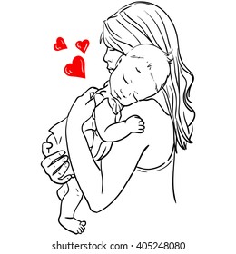 Mom And Baby Stylized Vector Symbol, Outlined Sketch