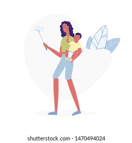Mom with Baby Takes Photo Flat Vector Illustration. Young Single Mother, Babysitter and Toddler Cartoon Characters. Smiling Woman Holding Infant. Lady with Child Posing for Selfie. Modern Motherhood