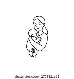Mom and Baby Vector Illustration in Black on White Background for Gentle Minimalist Design Art Style