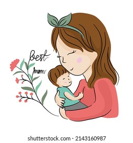 Mom and baby vector illustration white background for mother's day, decoration, t-shirt design, mother's day card, pillow design, gift for mom, fabric pattern, clothing pattern, postcard, and more 