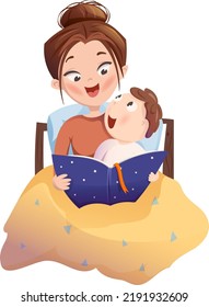 Mamá y vector de bebé. Madre e hijo están leyendo un libro. Se sientan y sostienen un libro azul con estrellas en sus manos. El niño le pregunta a su madre. El niño mira a su madre con sorpresa