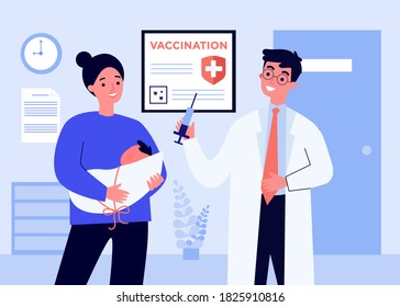 Mom with baby visiting doctor for vaccination. Pediatrician, hospital, covid poster flat vector illustration. Coronavirus prevention, healthcare concept for banner, website design or landing web page