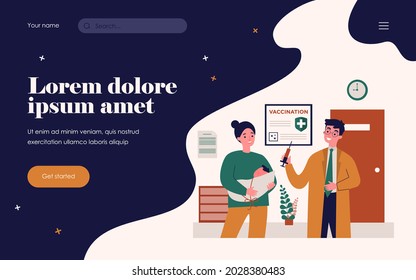 Mom with baby visiting doctor for vaccination. Pediatrician, hospital, covid poster flat vector illustration. Coronavirus prevention, healthcare concept for banner, website design or landing web page