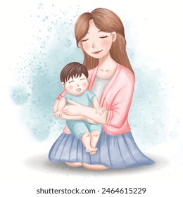 Mom and Baby Watercolor Illustration for Happy Mother's Day 