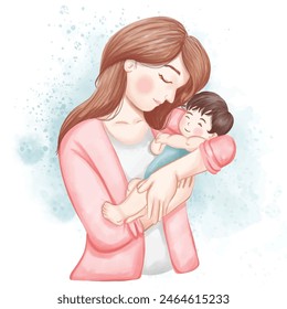 Mom and Baby Watercolor Illustration for Happy Mother's Day 