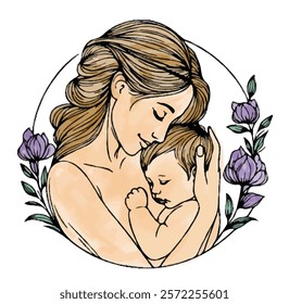 Mom with Baby in Watercolor vector Design, Watercolor Illustration of Mother and baby, Mothers day concept