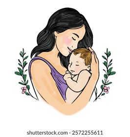 Mom with Baby in Watercolor vector Design, Watercolor Illustration of Mother and baby, Mothers day concept