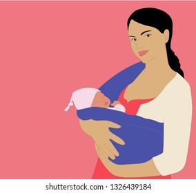 Mom and baby. A woman holds a sleeping baby in her arms. Mother's love for her child. Tissue carrier for a newborn baby sling. Picture of a sleeping newborn in the arms of his mother.