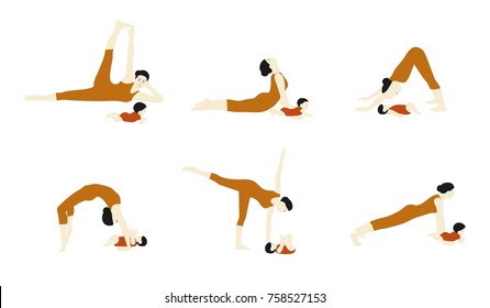 Mom and baby yoga.Set of Yoga mother and baby.Women Yoga poses set vector illustration.