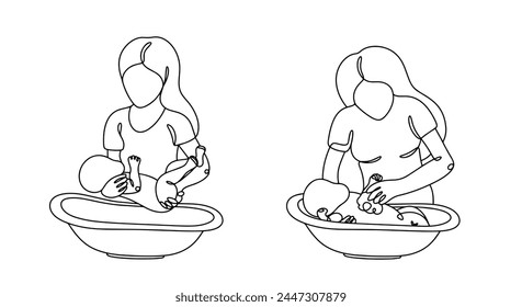 Mom bathes her baby in a baby bath. Maintaining hygiene for a small child. Simple line vector illustration.