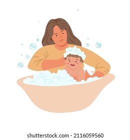 Mama badet ihr Baby in einem Whirlpool. Vektorgrafik handgezeichnet im Cartoon-Stil. Einzeln auf weißem Hintergrund.