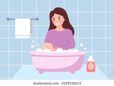 Mom bathes her baby in a bubble bath. Motherhood.