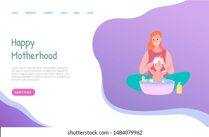 Mom bathing baby in bathtub, cleaning with shampoo. Happy kid sitting in water with toy, parent caring, smiling mother and son, motherhood vector. Website or webpage template, landing page flat style