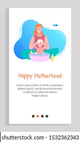 Mom bathing baby in bathtub, cleaning with shampoo. Happy kid sitting in water with toy, parent caring, smiling mother and son, motherhood. App slider for website, landing page application flat style