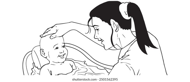 Mom is bathing baby. Illustration in black and white and vector format. This is not an AI Generated content.